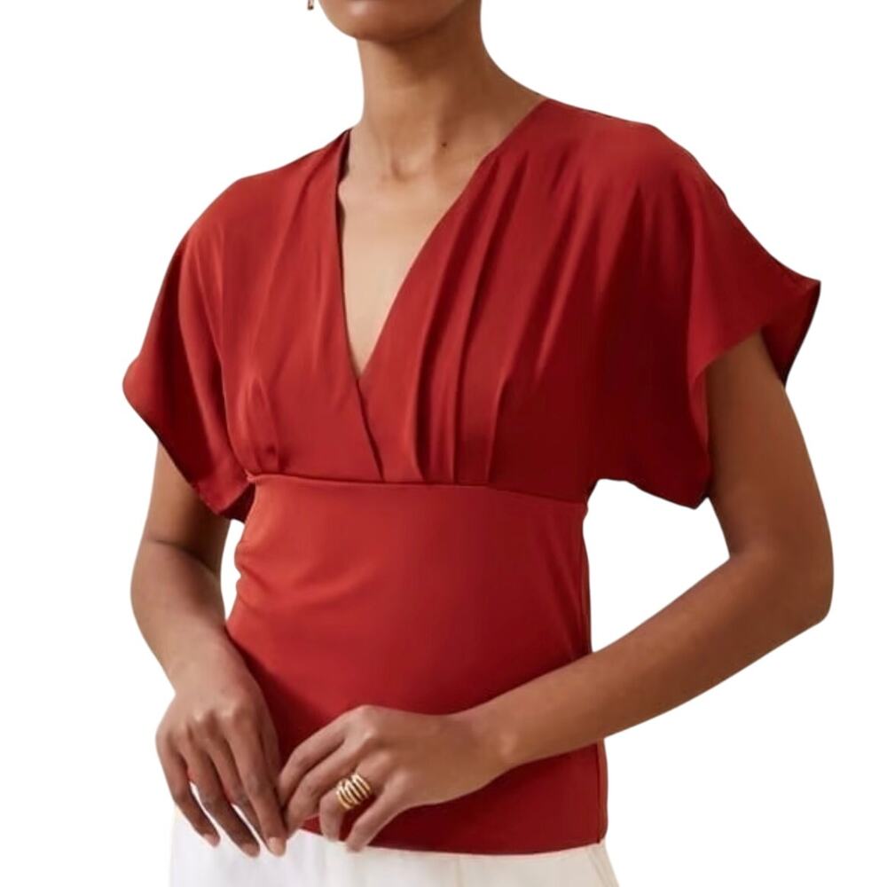 NWT Banana Republic Red Blouse V-neck top Womens XS Tie Back short sleeve
